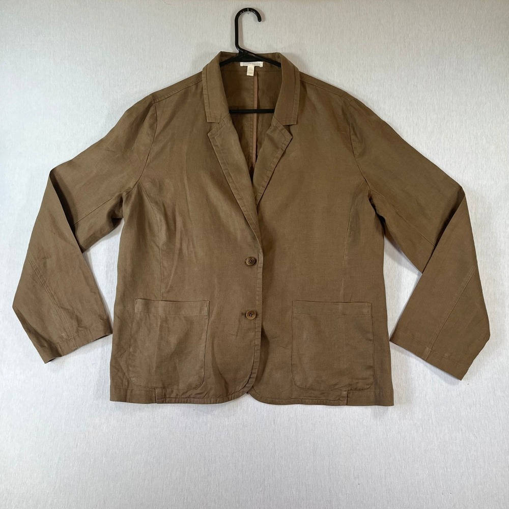 Eileen Fisher Jacket L 100% Organic Linen Blazer Two Button Patch Pockets